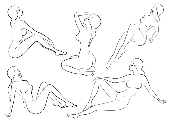 Koleksiyon. Güzel bayanların siluetleri. Güzel kızlar farklı pozlar oturuyorlar. Kadınların figürleri çıplak, kadınsı ve ince. Vektör çizimleri kümesi