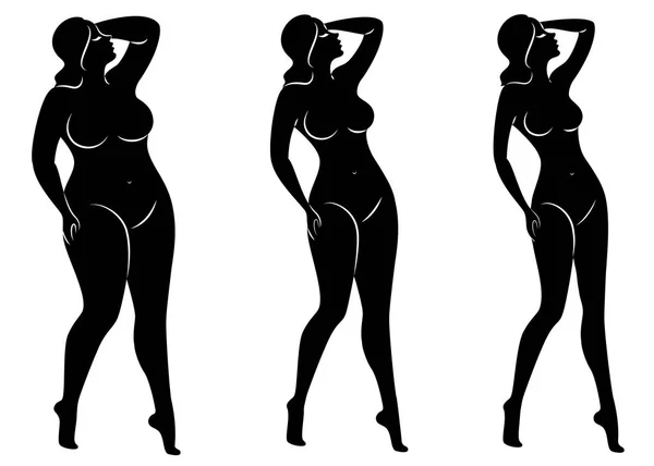 Sammlung. Silhouette einer schönen Frauenfigur. Das Mädchen ist dünn, die Frau übergewichtig. die Dame steht, sie ist schlank und sexy. Reihe von Vektorillustrationen — Stockvektor