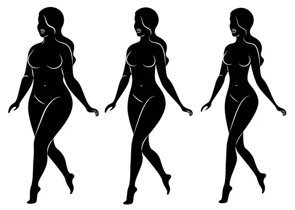 Coleção. Silhueta de uma bela figura de mulher. A rapariga é magra, a mulher tem excesso de peso. A senhora está de pé, é magra e sexy. Conjunto de ilustrações vetoriais —  Vetores de Stock