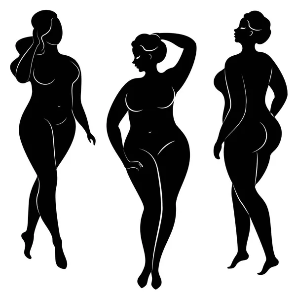 Ilustración vectorial de siluetas de mujer con sobrepeso. Blanco y negro, poses diferentes — Vector de stock