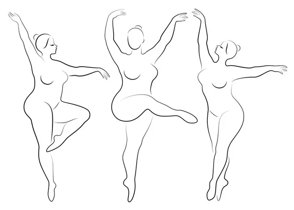 Ilustração vetorial de silhuetas de mulheres com sobrepeso. Preto e branco, poses diferentes — Vetor de Stock
