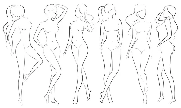 Collectie. Silhouetten van mooie dames. Mooie meiden staan in verschillende poses. De figuren van vrouwen zijn vrouwelijk, naakt en slank. Set Vector illustraties. — Stockvector