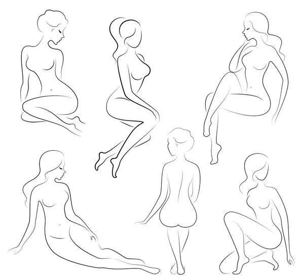 Coleção. Silhuetas de senhoras encantadoras. Meninas bonitas estão sentadas em poses diferentes. As figuras das mulheres são nuas, femininas e esbeltas. Conjunto de ilustrações vetoriais —  Vetores de Stock