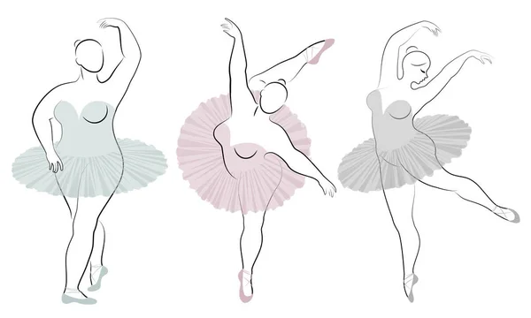 Collection. Silhouette of a cute lady, she is dancing ballet. Woman is overweight. The girl is plump and slim. Woman is ballerina, gymnast. Vector illustration set — Stock Vector