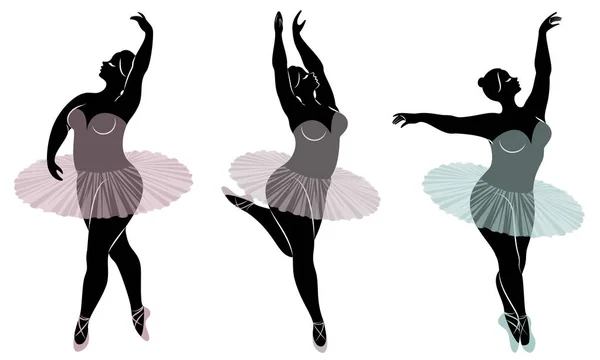 Collecte. Silhouette d'une jolie dame, elle danse le ballet. La femme est en surpoids. La fille est dodue et mince. La femme est ballerine, gymnaste. Jeu d'illustrations vectorielles — Image vectorielle