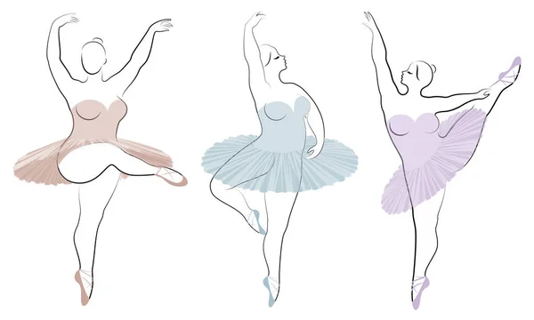 Collectie. Silhouet van een schattige dame, ze is dansen ballet. Vrouw is overgewicht. Het meisje is mollig en slank. Vrouw is ballerina, gymnast. Vector illustratie instellen — Stockvector