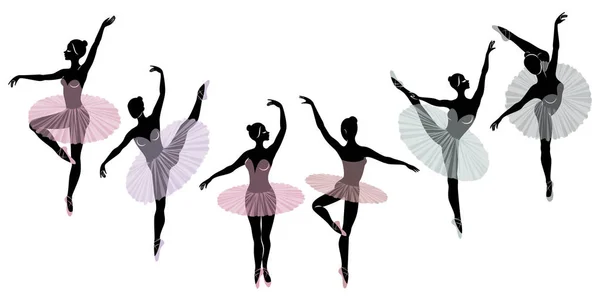 Коллекция. Силуэт милой дамы, она танцует балет. У девушки красивая фигура. Женщина-балерина. Набор векторных иллюстраций — стоковый вектор