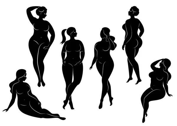 Vector illustration of overweight woman silhouettes. Black and white, differrent poses — Stock Vector