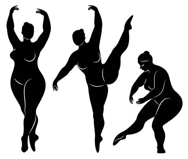 Ilustração vetorial de silhuetas de mulheres com sobrepeso. Preto e branco, poses diferentes —  Vetores de Stock