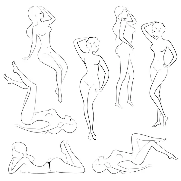 Koleksiyon. Tatlı bir bayan siluet, o oturur ve duruyor. Kızın çok güzel bir çıplak figürü var. Bir kadın genç, ince ve seksi bir modeldir. Vektör çizimleri kümesi