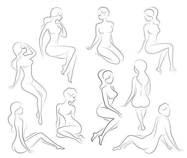 Colección. Siluetas de damas encantadoras. Hermosas chicas están sentadas en diferentes poses. Las figuras de las mujeres son desnudas, femeninas y esbeltas. Conjunto de ilustraciones vectoriales — Vector de stock