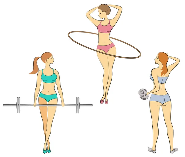 Collection.Small lady. Girls are engaged in fitness, raises the bar,. twists the circle. The woman is young and slender, with a beautiful figure. Vector illustration set — Stock Vector