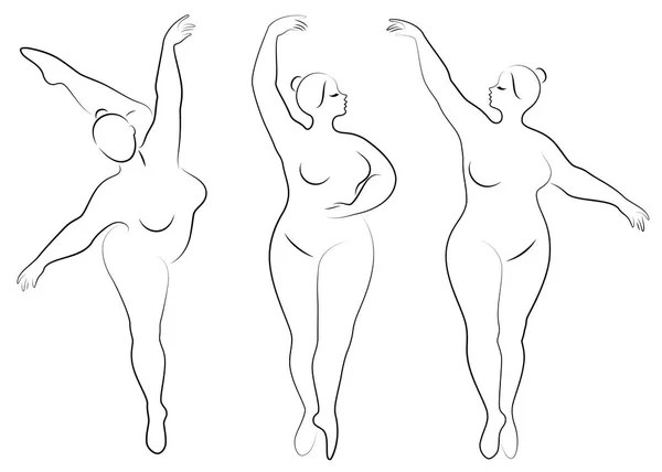 Illustrazione vettoriale delle silhouette delle donne sovrappeso. Bianco e nero, pose diverse — Vettoriale Stock