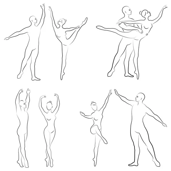 Colección. Silueta de un actor de ballet. La mujer y el hombre tienen hermosas figuras delgadas. Bailarina y novio bailarina. Juego de ilustración vectorial — Archivo Imágenes Vectoriales