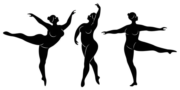 Colección. Silueta de una linda dama, ella está bailando ballet. Una mujer tiene sobrepeso. La chica es regordeta, delgada, delgada. Bailarina, gimnasta. Juego de ilustración vectorial — Archivo Imágenes Vectoriales