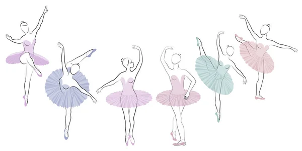 Samling. Silhuett av en söt dam, hon dansar balett. Flickan har en vacker figur. Kvinna ballerina. Vektor illustration set — Stock vektor