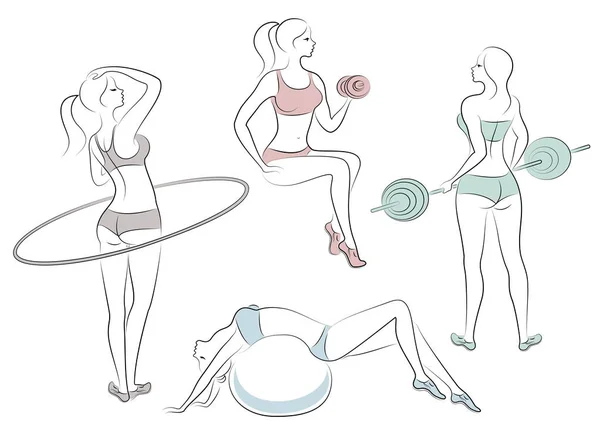 Collecte. Des silhouettes de jolies dames. Les filles sont engagées dans la forme physique le bar, pépites, cerceau, fitball. Les femmes sont jeunes et minces, avec de belles figures. Jeu d'illustrations vectorielles — Image vectorielle