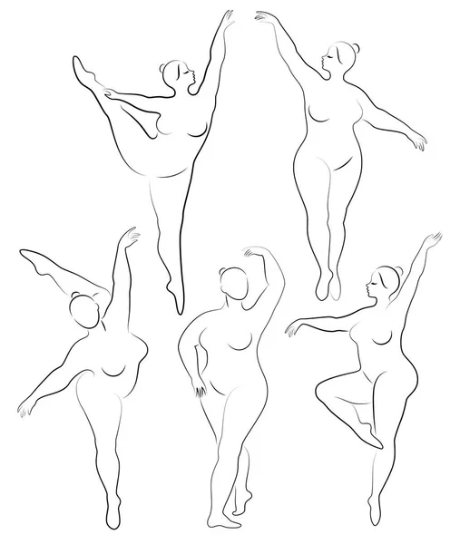 Vector illustratie van overgewicht vrouw silhouetten. Zwart-wit, verschillende houdingen — Stockvector