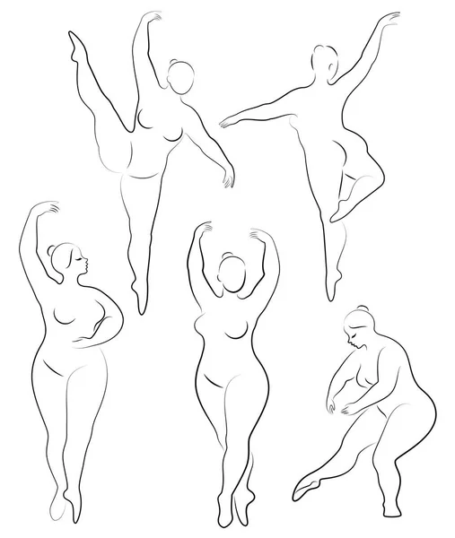 Illustration vectorielle de silhouettes de femme en surpoids. Noir et blanc, poses différentes — Image vectorielle