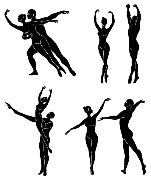 Collezione. La silhouette di un attore di balletto. La donna e l'uomo hanno belle figure snelle. Ragazza ballerina e fidanzato ballerina. Insieme illustrazione vettoriale — Vettoriale Stock