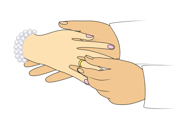 Ręce nowożeńcy na weselu. Mężczyzna nosi pierścień zaręczynowy z dziewczyną. Ilustracja wektorowa — Wektor stockowy