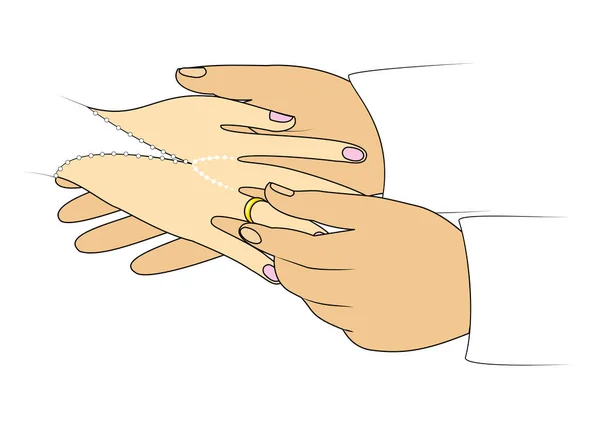 Les mains des jeunes mariés au mariage. Un homme porte une bague de fiançailles avec une fille. Illustration vectorielle — Image vectorielle