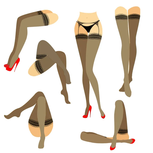 Колекція. Силует струнких красивих жіночих ніг. Пані в різних позах. Дівчата одягнені в модні панчохи і одягнені в червоні туфлі на високих підборах. Векторний набір ілюстрацій — стоковий вектор
