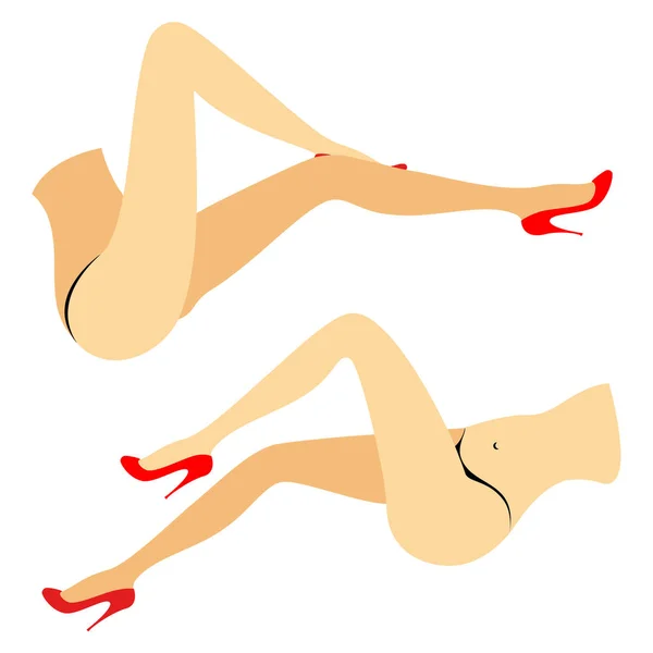 Silhouette d'une dame en bikini. Jambes fines d'une jeune fille en chaussures rouges. La femme ment. Pieds bien entretenus, belle peau soyeuse. Jeu d'illustrations vectorielles — Image vectorielle