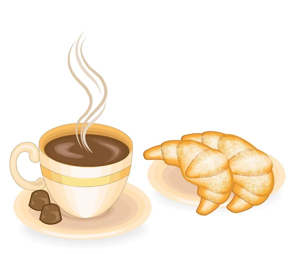 Café chaud avec croissants frais, cuisine française classique. Deux bonbons au chocolat Délicieux repas pour le petit déjeuner, le déjeuner et le dîner. Illustration vectorielle — Image vectorielle