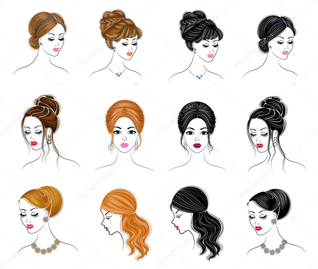 Long braids creative brown hair, isolated on white background. Hairstyles of a woman. Set of vector illustrations.