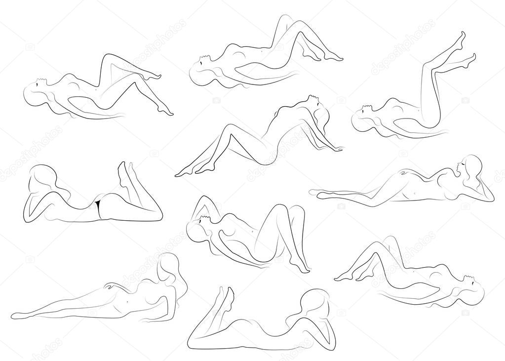 Collection. Silhouettes of lovely ladies. Beautiful girls are sitting in different poses. The figures of women are naked, feminine and slender. Set of vector illustrations
