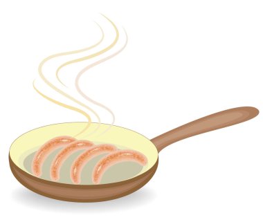 Sıcak bir tavada kızarmış sosis. Et ürünleri kahvaltı, öğle ve akşam yemeklerini lezzetli ve besleyici bir şekilde sunmaktadır. Vektör çizimi