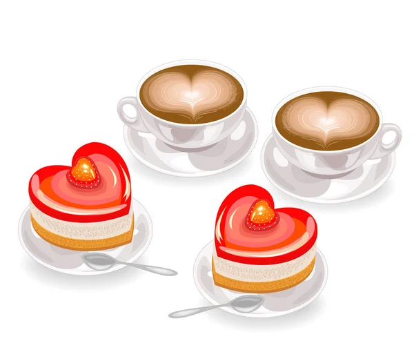 Dois saborosos bolos em forma de coração e duas xícaras de café com espuma na forma de um coração. Dia dos namorados para os amantes. Ilustração vetorial — Vetor de Stock