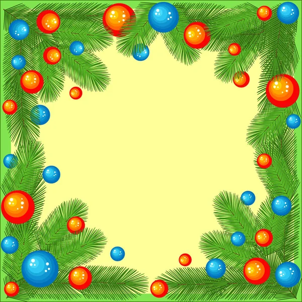 Original frame for photos and text. Branches of a Christmas tree decorated with bright balls create a festive mood. A wonderful gift for Christmas and New Year. Vector illustration — Stock Vector