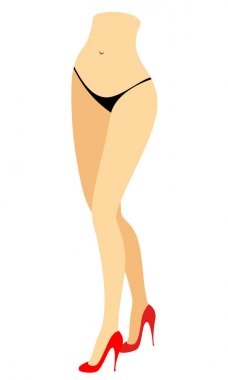 Bikinili bir bayanın siluet figürü. Kırmızı ayakkabılı genç bir kızın ince bacakları. Bir kadın ayakta duruyor. Ayaklar bakımlı, güzel ipeksi bir ten. Vektör çizimi