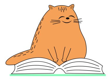 Sevimli kırmızı kedi. Evcil hayvan kitabın üzerinde oturuyor. Hayvan okur ve gülümser. Karikatür görüntüsü. Vektör çizimi