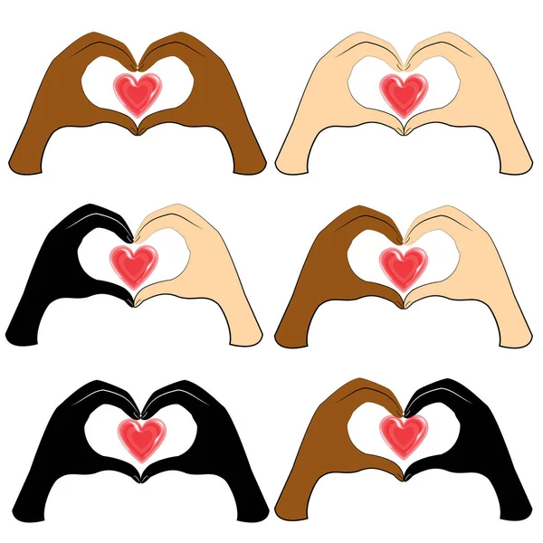 Collection. Human hands are folded in the shape of a heart and a red heart. People of different nationalities. Valentine s Day. Vector illustration set — Stock Vector