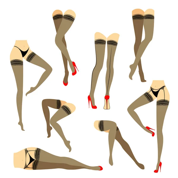 Коллекция. Силуэт стройных красивых женских ног. Леди в разных позах. Девушки, одетые в модные чулки и обутые в красные туфли на высоких каблуках. Набор векторных иллюстраций — стоковый вектор