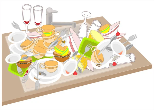 Kitchen sink. Dirty dishes fill the sink. Bowls, cups, spoons, forks, glasses dropped on a pile. It is necessary to wash the dishes. Vector illustration — Stock Vector
