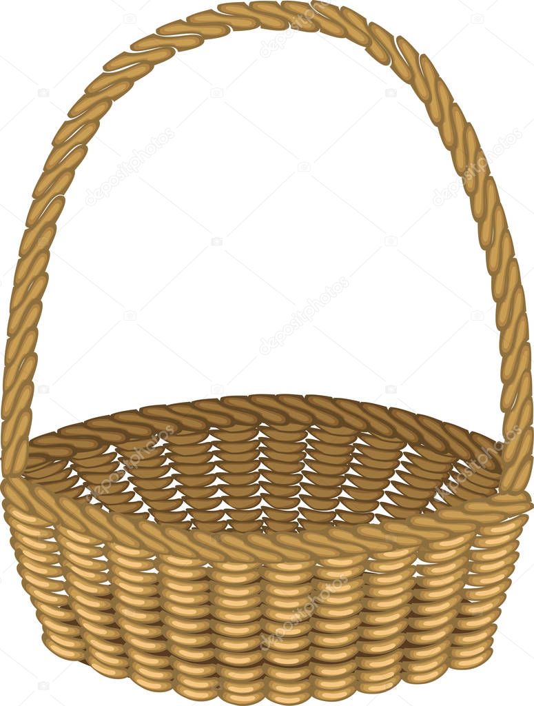 Beautiful wicker basket. Handmade. For shopping, transportation of products for a picnic. Convenient to collect mushrooms, berries. Vector illustration