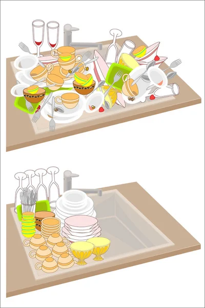 Fregadero. Dos fotos. Los platos sucios llenan el fregadero. Los platos limpios se apilan con precisión en el fregadero. Ilustración vectorial — Vector de stock