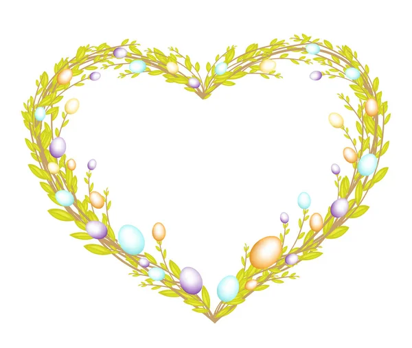 Corona en forma de corazón hecha de ramas de sauce joven. Decorado con huevos pintados de Pascua. El símbolo de la Pascua. Ilustración vectorial — Vector de stock