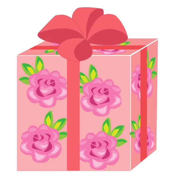 A beautiful gift. The box is packed for a holiday. The package is pink, decorated with roses. The red bow is tied on top. Vector illustration — Stock Vector