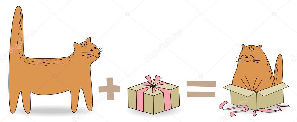 Cute red cat. Pet saw a gift. The animal has gone to the box and is happy and smiling. Cartoon image. Vector illustration.