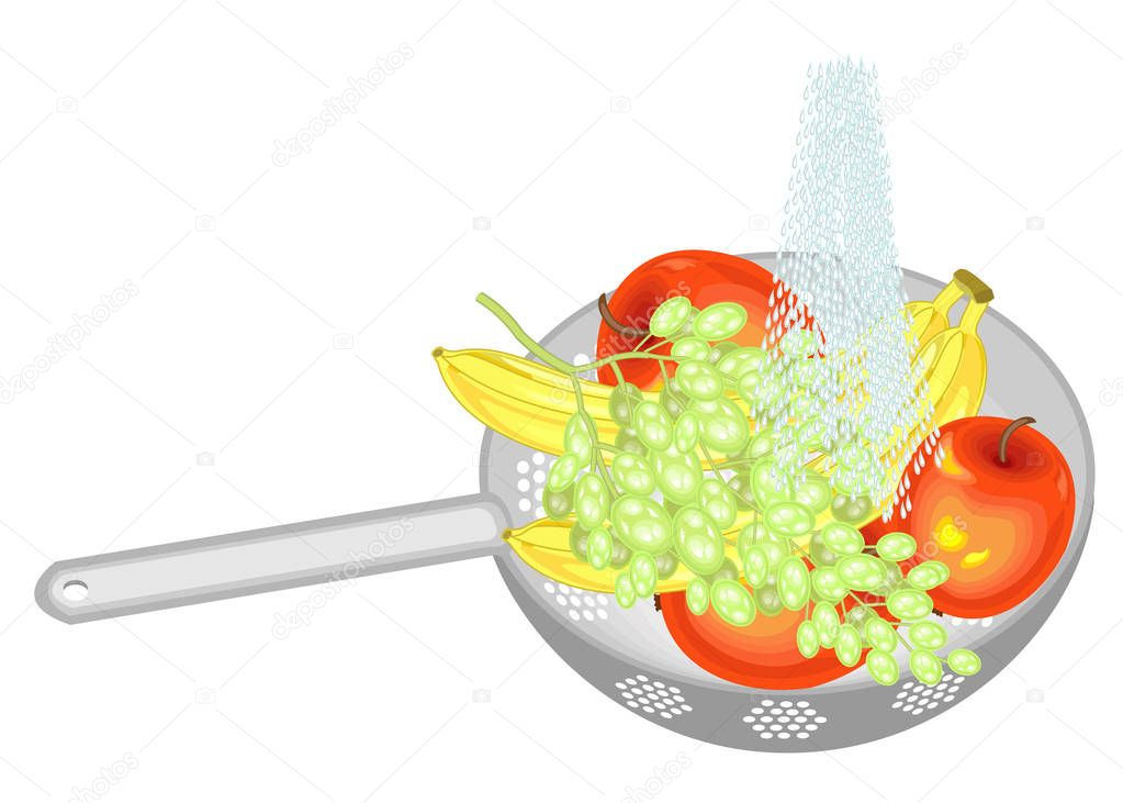 Fresh fruit is washed under running water. In a colander there are grapes, apples and bananas. Juicy fruit should be eaten clean. Vector illustration.