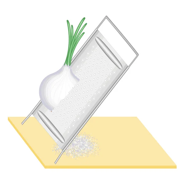 Ώριμα φρέσκα κρεμμύδια. Σκουπίστε τα λαχανικά σε έναν σιδερένιο τρίφτη. Παρασκευή γευστικών, υγιεινών τροφίμων. Απεικόνιση διανυσματικών φορέων — Διανυσματικό Αρχείο