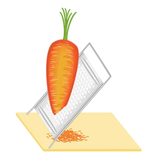 De belles carottes mûres. Râpe de légumes sur la râpe. Préparation d'aliments savoureux, sains et sains. Illustration vectorielle — Image vectorielle