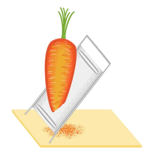 Ώριμα όμορφα καρότα. Τρίψτε τα λαχανικά σε ένα μικρό τρίφτη. Προετοιμασία γευστικού, υγιούς, υγιεινού φαγητού. Απεικόνιση διανυσματικών φορέων — Διανυσματικό Αρχείο
