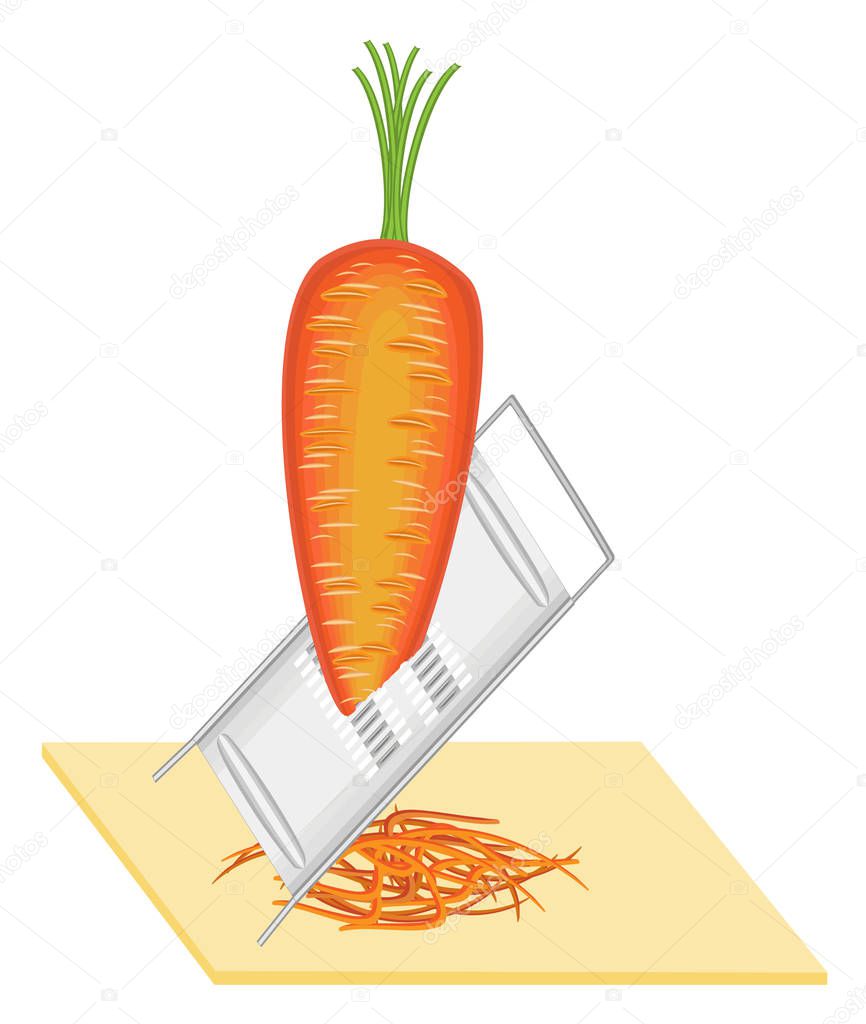 Mature beautiful carrots. Grate the vegetables. Preparing Korean carrots. Delicious, healthy food. Vector illustration