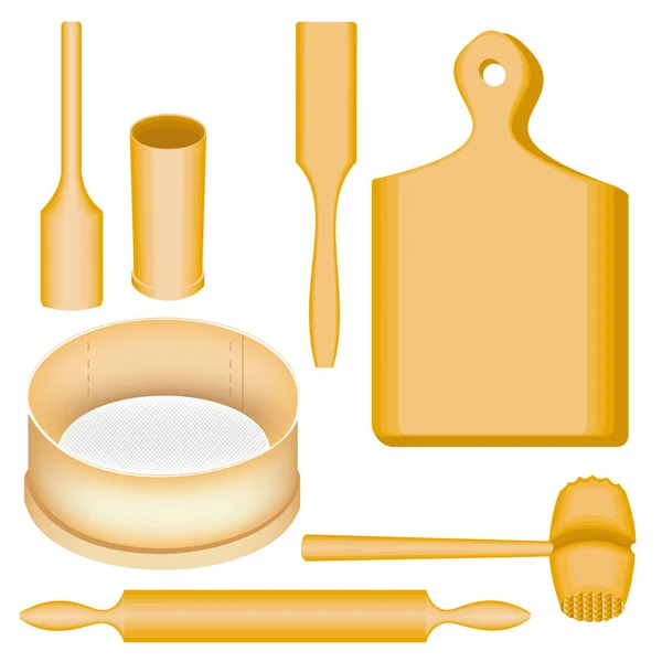 Una colección de utensilios de cocina. El mortero de madera y el mortero, la tabla, el martillo para la carne, la espátula, el rodillo, el cedazo. Conjunto de ilustraciones vectoriales — Vector de stock